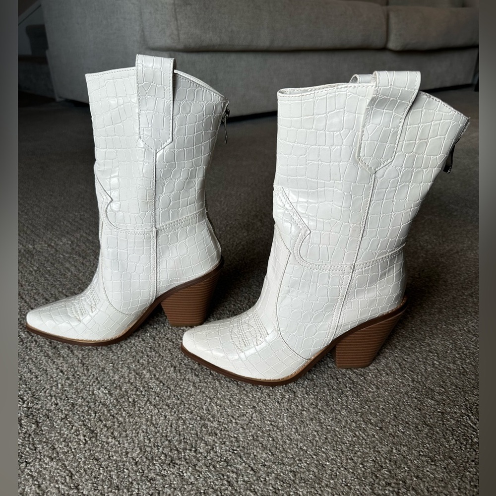 White Croc-Embossed Western Boots